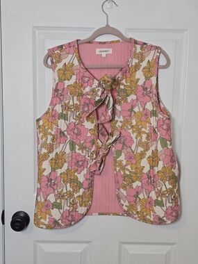 Veveret Floral Quilted Vest Double Tie Front Boho Layering Top L
